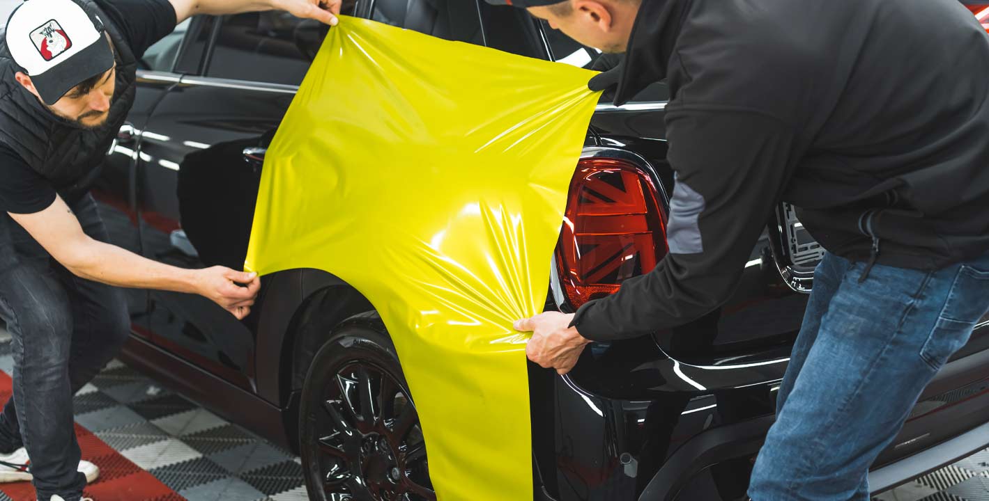 Car with premium yellow vinyl wrap giving glossy, smooth finish