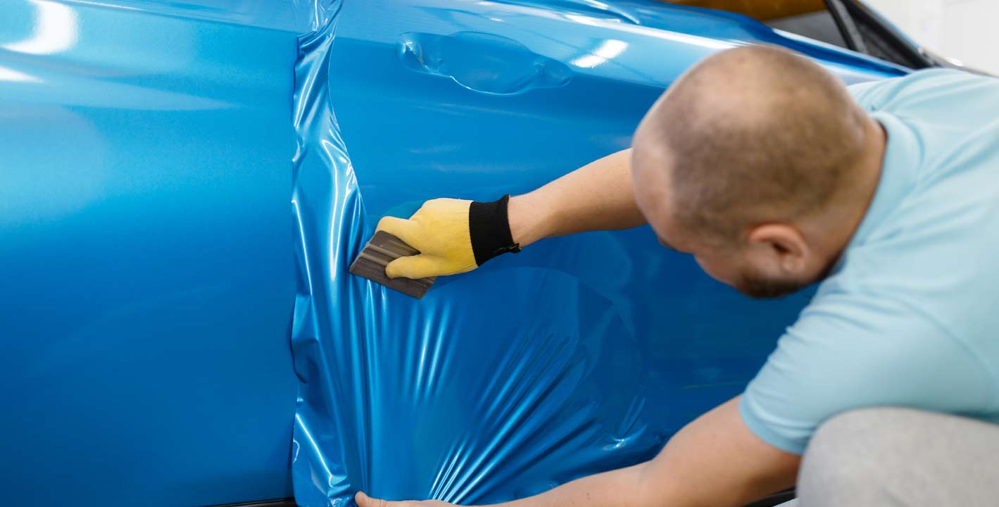 premium blue wrapping in car