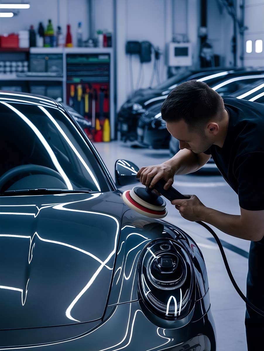 Technician inspecting a car’s paint surface using a polishing and smoothing machine at Exclusive Car Care Abu Dhabi.