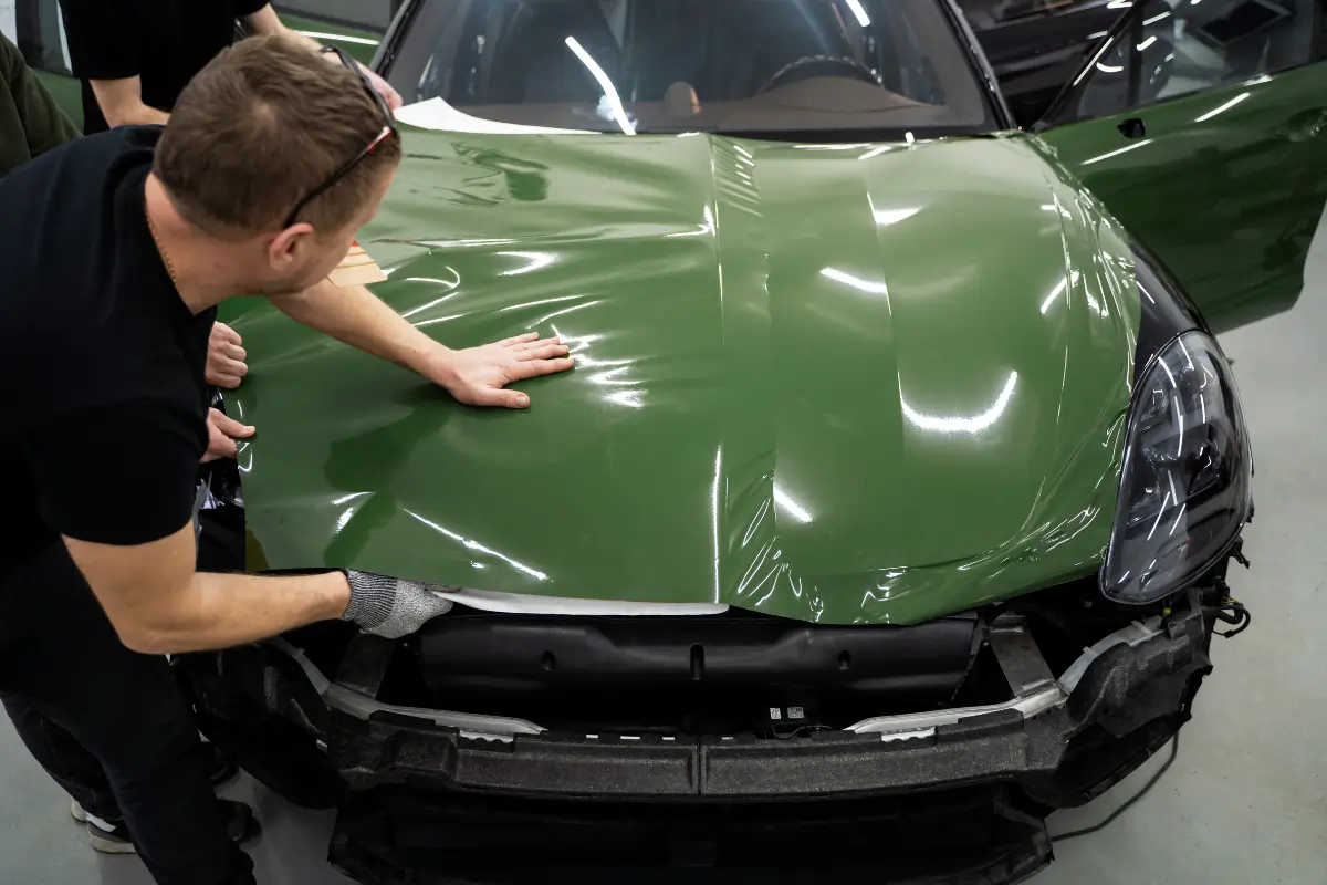 Technician installing green vinyl car wrap on vehicle hood in Abu Dhabi.