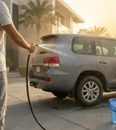 Car-maintenance Car maintenance in Abu Dhabi: a person rinsing a dusty SUV with water before a dust-safe wash, with a tire pressure gauge and two buckets nearby
