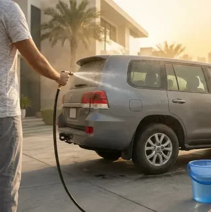 Car-maintenance Car maintenance in Abu Dhabi: a person rinsing a dusty SUV with water before a dust-safe wash, with a tire pressure gauge and two buckets nearby