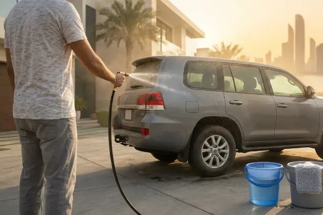 Car maintenance in Abu Dhabi: a person rinsing a dusty SUV with water before a dust-safe wash, with a tire pressure gauge and two buckets nearby