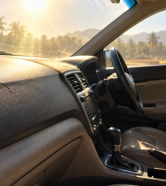 sun-damaged-car-interior-uae-heat Sun damaged car interior with a cracked dashboard and faded leather seat in UAE heat