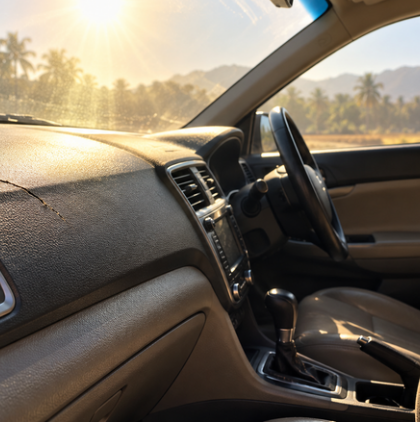 sun-damaged-car-interior-uae-heat Sun damaged car interior with a cracked dashboard and faded leather seat in UAE heat