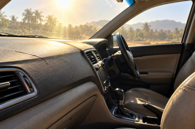 Sun damaged car interior with a cracked dashboard and faded leather seat in UAE heat