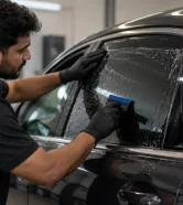 window-tint-curing-time-drying-film Installer applying film during the window tint curing time on a car side window