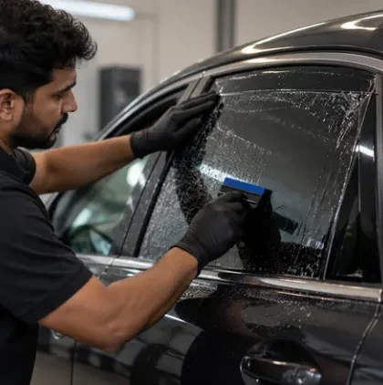 window-tint-curing-time-drying-film Installer applying film during the window tint curing time on a car side window