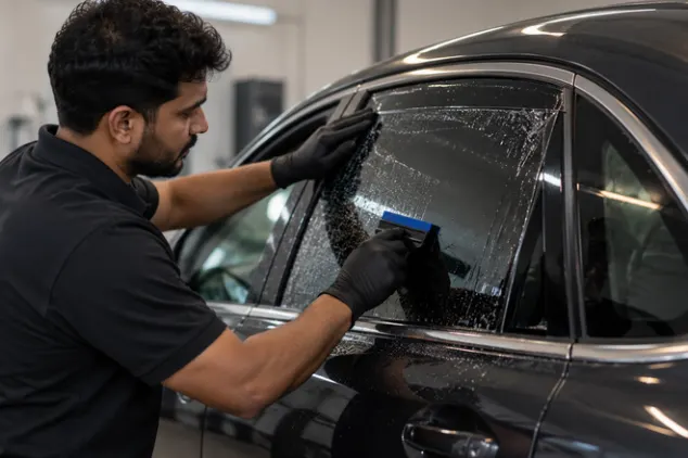 Installer applying film during the window tint curing time on a car side window